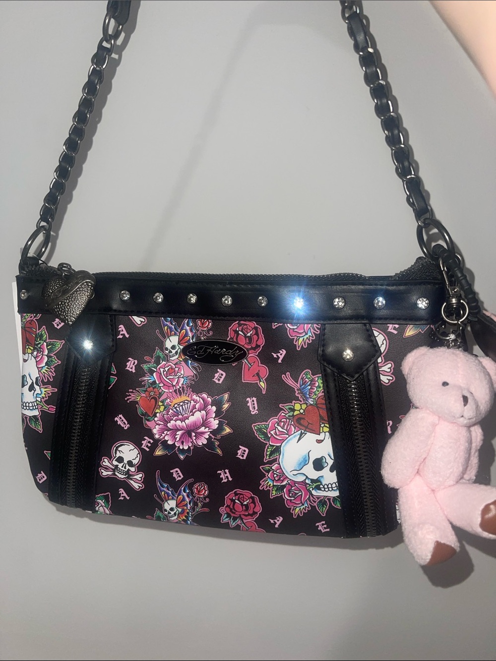 Ed Hardy Black Shoulder Bag with Pink Floral Skull Print and Teddy&Tiger H Charm